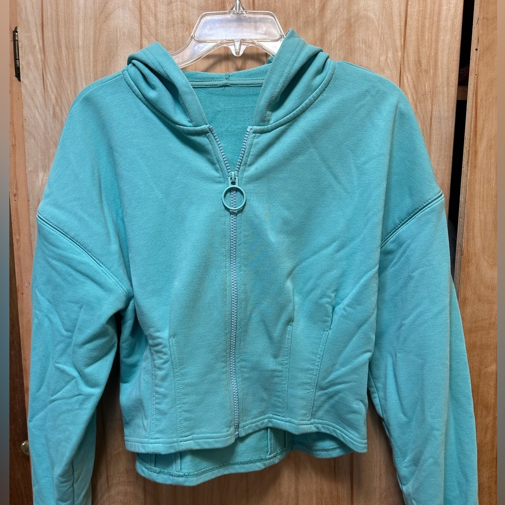 FABLETICS TURQUOISE Zip-Up Hoodie Jacket fitted waist M UNIQUE cropped